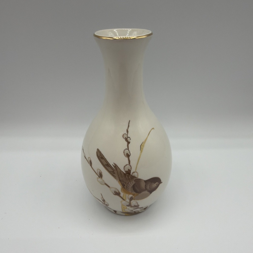 VTG Otagiri Japan Bud Weed Vase Gibson Chickadee PussyWillow Gold Trim